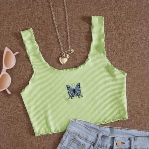 Lime Green Butterfly Ribbed Crop Tank Top